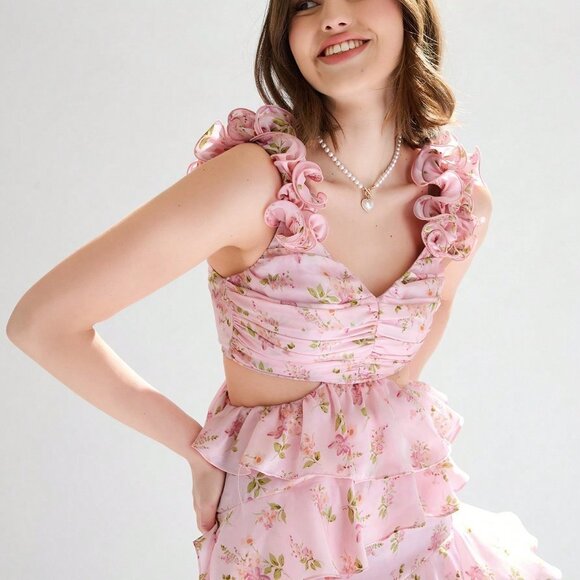 Pink Boho Women's Floral Print Cut Out Ruffle Hem Asymmetrical Flowy Dress - Picture 5 of 5